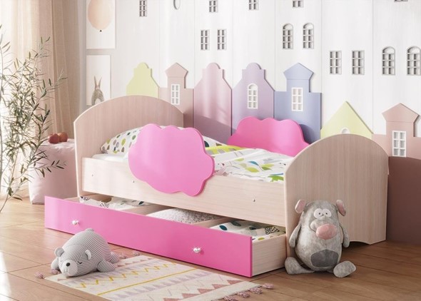 Детская кровать Тучка с ящиком, корпус Дуб млечный, фасад Розовый в Южно-Сахалинске - изображение