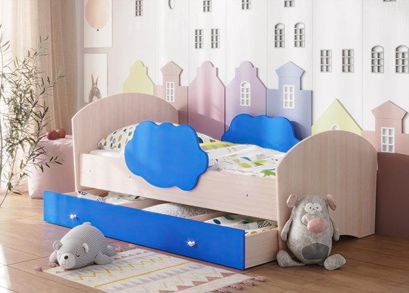 Кровать детская Тучка с ящиком, корпус Дуб млечный, фасад Синий в Южно-Сахалинске - изображение