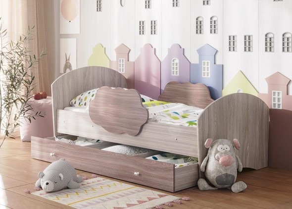 Детская кровать Тучка с ящиком, корпус Ясень Шимо светлый, фасад Ясень Шимо темный в Южно-Сахалинске - изображение