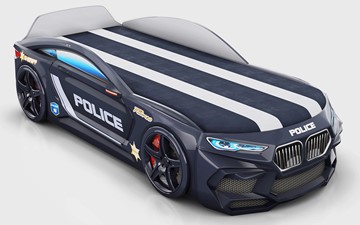Кровать-машина в детскую Romeo-М Police + подсветка фар, ящик, матрас, Черный в Южно-Сахалинске - предосмотр