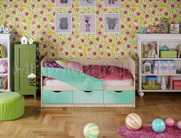 Детская кровать Бабочки 800*1600, Бирюза глянец в Южно-Сахалинске