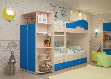 Детская двухэтажная кровать Мая на щитах со шкафом и ящиками, корпус Млечный дуб, фасад Синий в Южно-Сахалинске - предосмотр