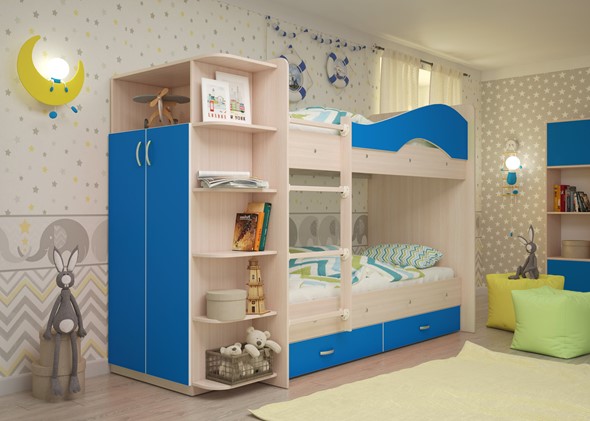 Детская двухэтажная кровать Мая на щитах со шкафом и ящиками, корпус Млечный дуб, фасад Синий в Южно-Сахалинске - изображение