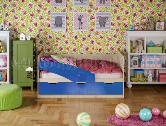Кровать в детскую Бабочки 800*1600, Синий глянец в Южно-Сахалинске - изображение