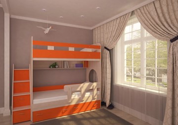 Детская двухъярусная кровать Юниор-1 с бортом, каркас Дуб, фасад Оранжевый в Южно-Сахалинске - предосмотр