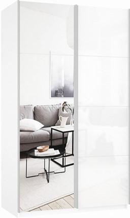Шкаф Прайм (Зеркало/Белое стекло) 1400x570x2300, белый снег в Южно-Сахалинске - изображение
