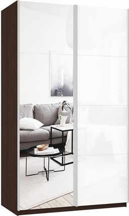 Шкаф 2-дверный Прайм (Зеркало/Белое стекло) 1400x570x2300, венге в Южно-Сахалинске - изображение
