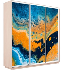Шкаф 3-х дверный Экспресс 2400х600х2400, Абстракция оранжево-голубая/дуб молочный в Южно-Сахалинске