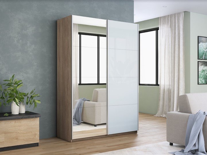 Шкаф 2-х дверный Прайм (Зеркало/Белое стекло) 1400x570x2300, дуб сонома в Южно-Сахалинске - изображение 6