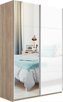 Шкаф 2-х дверный Прайм (Зеркало/Белое стекло) 1400x570x2300, дуб сонома в Южно-Сахалинске - изображение