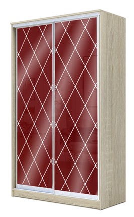Шкаф 2-х дверный 2200х1362х620 с цветным стеклом и пескоструйным рисунком ХИТ 22-14-33, Бургунд 312, ромб большой, Дуб сонома в Южно-Сахалинске - изображение