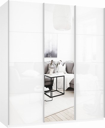 Шкаф 3-х дверный Прайм (Белое стекло/Зеркало/Белое стекло) 1800x570x2300, белый снег в Южно-Сахалинске - изображение