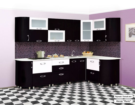 Кухня угловая Мыло 128 2700х1500, цвет Черный/Белый металлик в Южно-Сахалинске - изображение