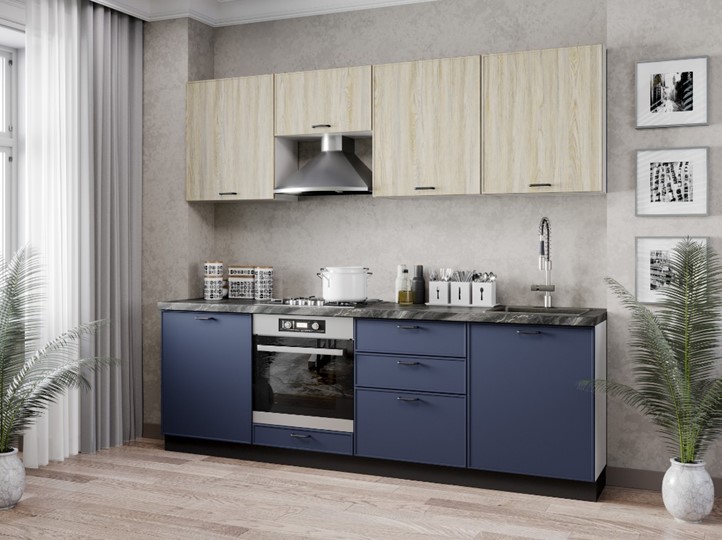 Модульный кухонный гарнитур 2400 Индиго, Белый/Дуб мадейра топаз/Тёмно-синий в Южно-Сахалинске - изображение