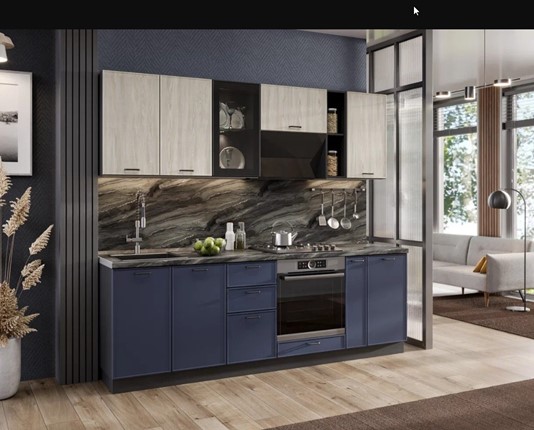 Модульная кухня 2400 Индиго, Черный/Дуб мадейра топаз/Темно-синий в Южно-Сахалинске - изображение