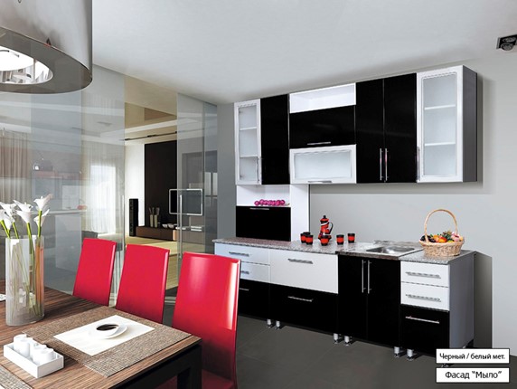 Гарнитур на кухню Мыло 224 2600, цвет Черный/Белый металлик в Южно-Сахалинске - изображение