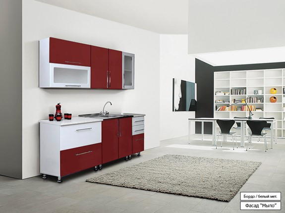Кухонный гарнитур Мыло 224 2000х918, цвет Бордо/Белый металлик в Южно-Сахалинске - изображение