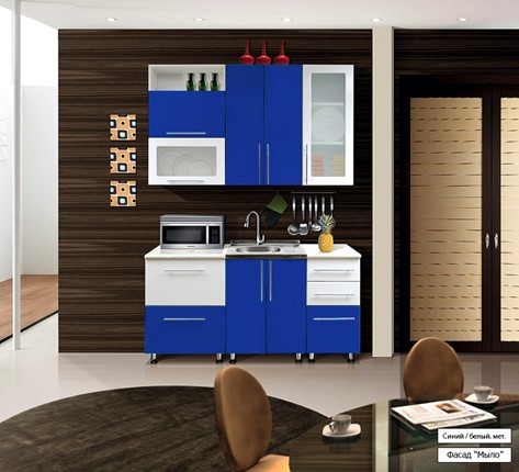 Гарнитур кухонный Мыло 224 1600х718, цвет Синий/Белый металлик в Южно-Сахалинске - изображение