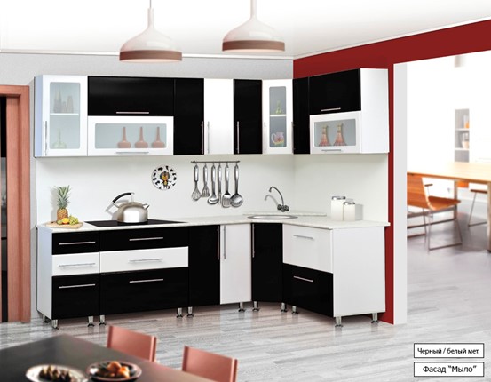 Модульная кухня Мыло 224 2600х1600, цвет Черный/Белый металлик в Южно-Сахалинске - изображение