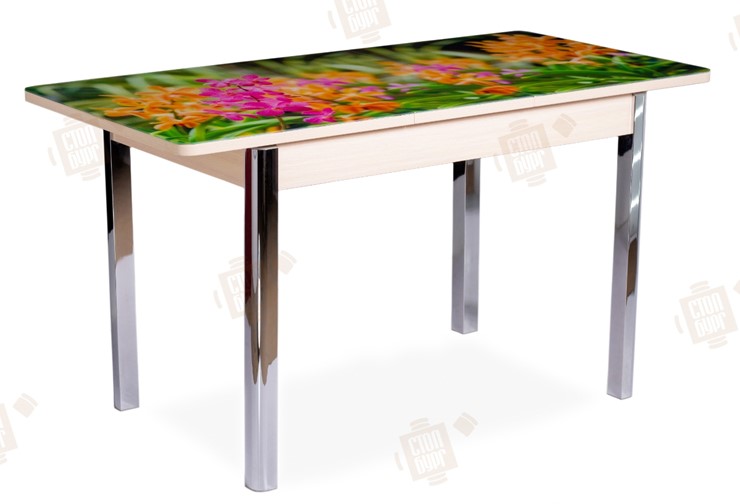 Кухонный стол раздвижной Айсберг-02 СТФ, Дуб ЛДСП/полевые цветы/ноги хром квадратные в Южно-Сахалинске - изображение 2