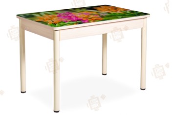 Кухонный стол раскладной Айсберг-02 СТФ, Дуб ЛДСП/полевые цветы/ноги крашеные в Южно-Сахалинске