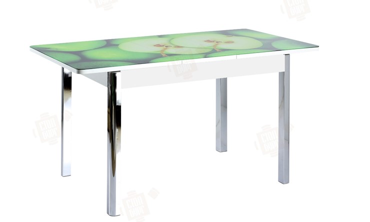 Кухонный стол раздвижной Айсберг-02 СТФ, белое лдсп/зеленые яблоки/ноги хром квадратные в Южно-Сахалинске - изображение 3