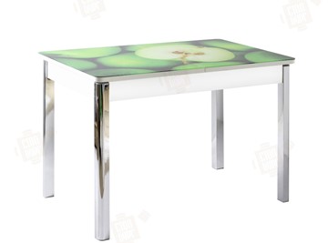 Кухонный стол раздвижной Айсберг-02 СТФ, белое лдсп/зеленые яблоки/ноги хром квадратные в Южно-Сахалинске