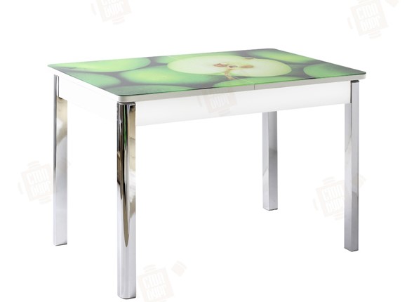Кухонный стол раздвижной Айсберг-02 СТФ, белое лдсп/зеленые яблоки/ноги хром квадратные в Южно-Сахалинске - изображение