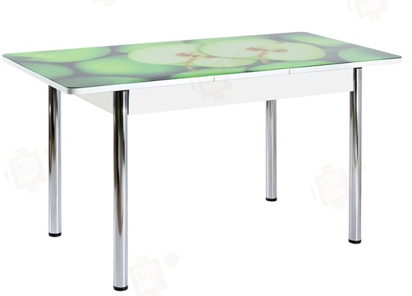 Раздвижной стол Айсберг-02 СТФ, белое лдсп/зеленые яблоки/ноги хром прямые в Южно-Сахалинске - изображение