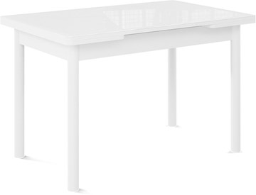 Кухонный стол раздвижной Милан-1 EVO, ноги металлические белые, стекло белое/серый в Южно-Сахалинске - предосмотр