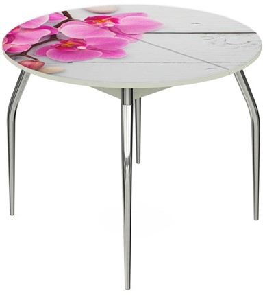 Обеденный раздвижной стол Ривьера - Круг, ноги хром №5, ФП (Цветы №24) в Южно-Сахалинске - изображение