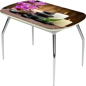 Обеденный раздвижной стол Ривьера исп.2 ноги метал. крашеные №24 Фотопечать (Цветы №18) в Южно-Сахалинске