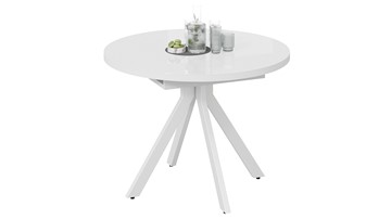 Кухонный раскладной стол Стокгольм Тип 1 (Белый муар/Стекло глянцевое белое) в Южно-Сахалинске - предосмотр