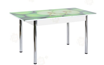 Кухонный стол раскладной Айсберг-01 СТФ, белый/фотопечать зеленые яблоки/ноги хром круглые в Южно-Сахалинске