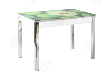 Кухонный стол раздвижной Айсберг-01 СТФ, белый/фотопечать зеленые яблоки/ноги хром квадратные в Южно-Сахалинске