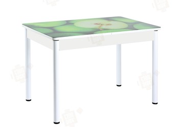 Кухонный раздвижной стол Айсберг-01 СТФ, белый/фотопечать зеленые яблоки/ноги крашеные в Южно-Сахалинске