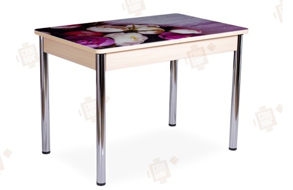 Кухонный стол раскладной Айсберг-01 СТФ, дуб/фотопечать пионы/ноги хром прямые круглые в Южно-Сахалинске - изображение