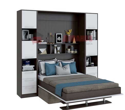 Кровать-шкаф с диваном Бела 1, с полкой ножкой, 1600х2000, венге/белый в Южно-Сахалинске - изображение