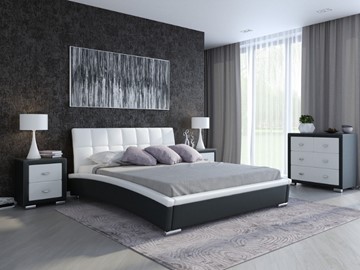 Кровать Corso-1L 140x200, Экокожа (Черный с белым) в Южно-Сахалинске
