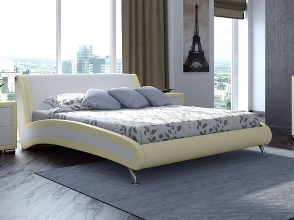 Кровать Corso-2 160х200, Экокожа (Кремовый с белым) в Южно-Сахалинске - изображение