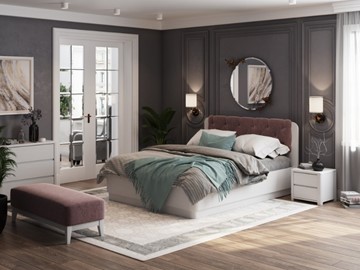 Двуспальная кровать с механизмом Wood Home 1 160х200, Белая эмаль (сосна) с брашированием/Бентлей Нежно-лиловый в Южно-Сахалинске