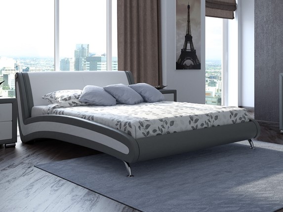 Кровать в спальню Corso-2 160х200, Экокожа (Серый с белым) в Южно-Сахалинске - изображение