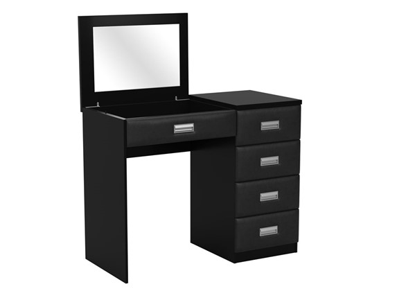 Косметический столик Como/Veda, с зеркалом, 4 ящика, правый, ЛДСП черный/экокожа черная в Южно-Сахалинске - изображение
