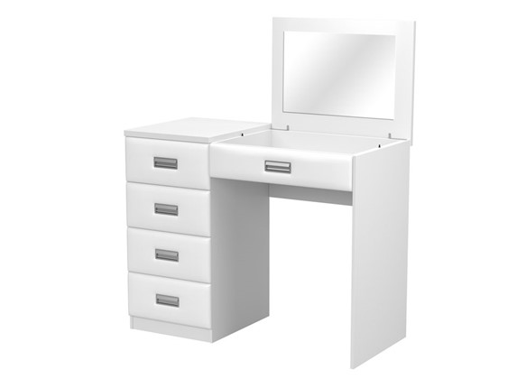 Столик косметический Como/Veda, с зеркалом, 4 ящика, левый, ЛДСП белый/экокожа белая в Южно-Сахалинске - изображение