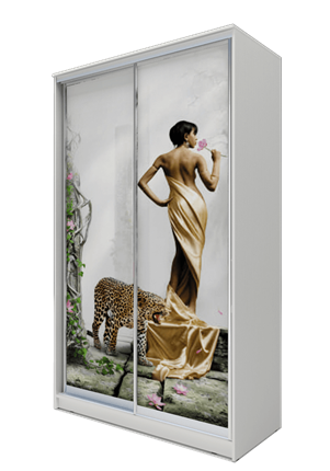 Шкаф 2-х дверный 2200х1200х420, Девушка с леопардом ХИТ 22-4-12/2-77-03 Белая шагрень в Южно-Сахалинске - изображение