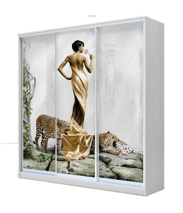 Шкаф 3-х дверный 2200х1770х420, Девушка с леопардом ХИТ 22-4-18-777-03 Белая шагрень в Южно-Сахалинске - изображение