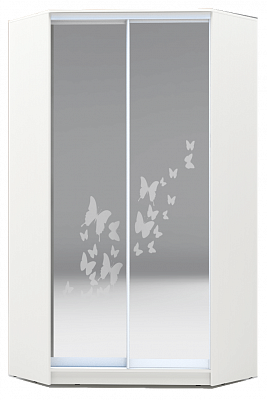 Угловой шкаф-купе 2300х1103, ХИТ У-23-4-66-05, бабочки, 2 зеркала, белая шагрень в Южно-Сахалинске - изображение