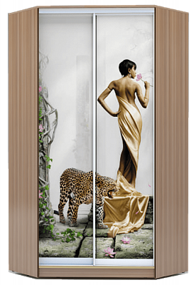 Шкаф-купе угловой 2300х1103, ХИТ У-23-4-77-03, Девушка с леопардом, шимо темный в Южно-Сахалинске - изображение