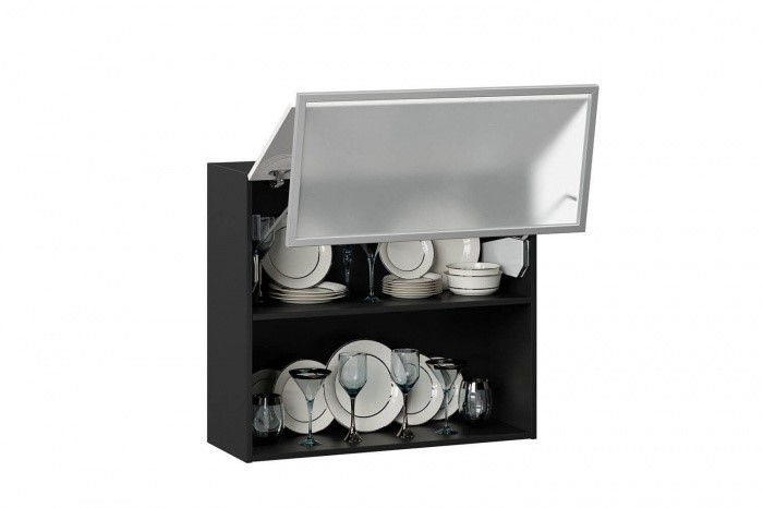 Кухонный навесной шкаф 800 горизонтальный, Шервуд, ЛД 281.981.000.088, со стеклом, черный/белый глянец в Южно-Сахалинске - изображение 1