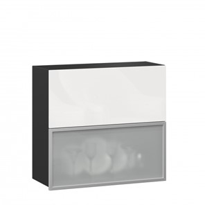 Кухонный навесной шкаф 800 горизонтальный, Шервуд, ЛД 281.981.000.088, со стеклом, черный/белый глянец в Южно-Сахалинске - предосмотр